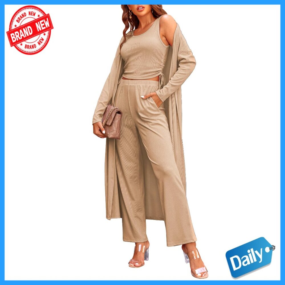 3 Piece Lounge Set Long Sleeve Cardigan Crop Top Pants S-XXL - Picture 1 of 7